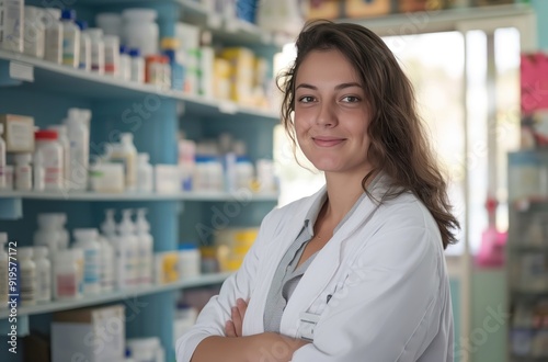 Portrait of smiling pharmacist woman standing with arms crossed in pharmacy drugstore