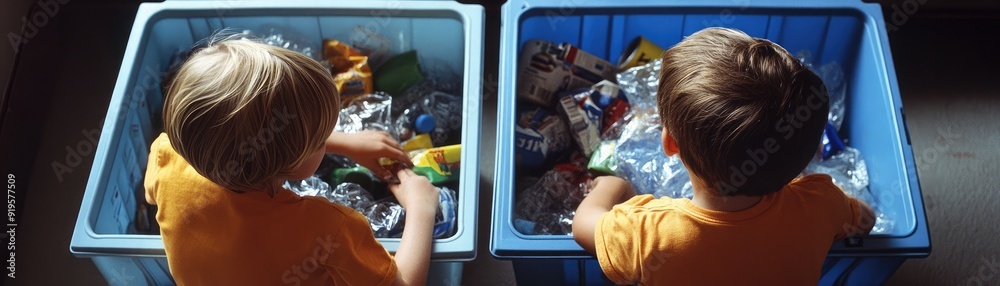 Children sorting recyclables into separate bins, child, chores, organization Children sorting recyclables into separate bins, child, chores, organization