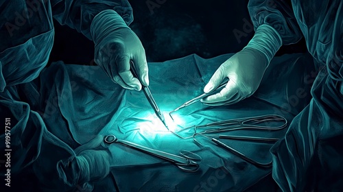 Digital illustration of a surgical operation, detailed anatomy, surgeon's hands and tools, bright and sterile lighting