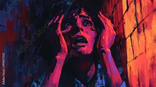 Digital illustration of a person feeling scared, anxious and frightened, dark alley, dramatic colors