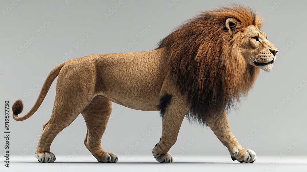 Obraz premium A majestic lion with a thick mane walks confidently towards the right.