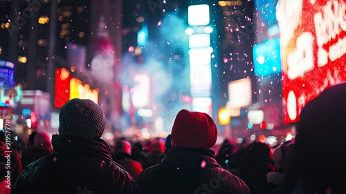 High-contrast photo of a New Yearâ€™s countdown, excited crowd, city square, dramatic lighting photo