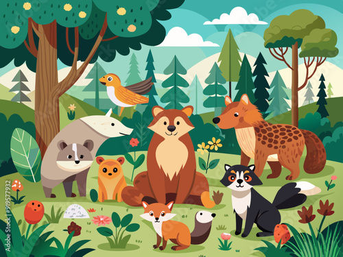 Colorful Woodland Creatures in Summer Forest, Including Bear, Fox, Wolf, Hare, Beaver, Squirrel, Badger, Owl, and Woodpecker, Surrounded by Trees and Bushes, Vector Art.