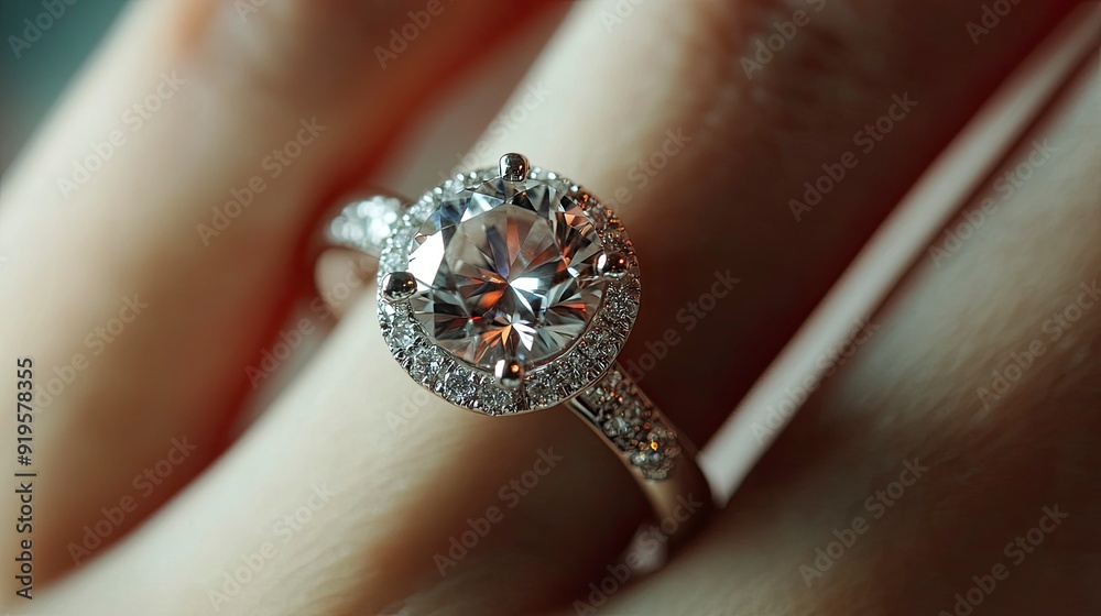 Macro photo of a wedding ring, detailed and sparkling, bride’s hand, natural light Macro photo of a wedding ring, detailed and sparkling, bride’s hand, natural light
