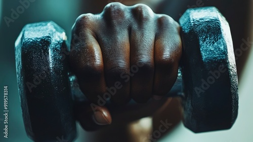 Macro photo of a person's hand lifting a dumbbell, detailed and strong, natural light