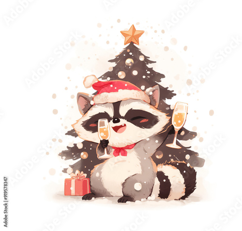 An raccoon enjoying a glass of sparkling wine amidst Christmas decorations.. photo