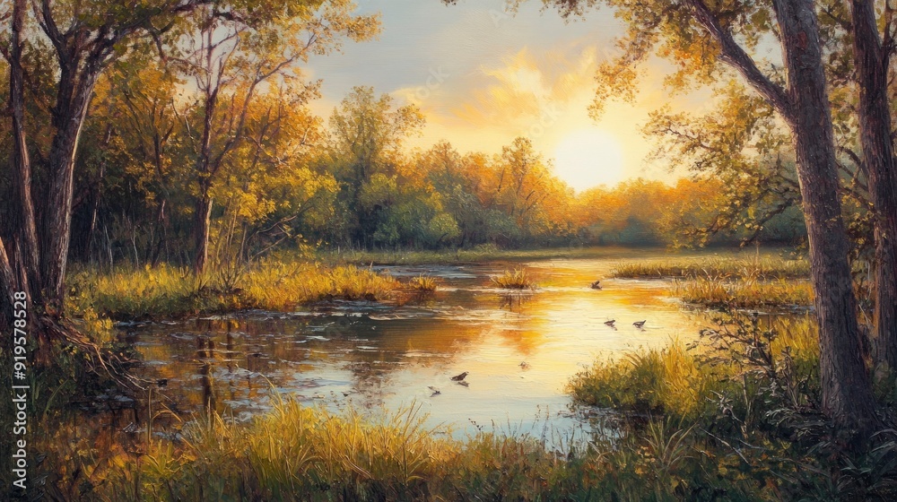Oil painting of a nature reserve, birds and wetlands, rich and textured, golden hour lighting Oil painting of a nature reserve, birds and wetlands, rich and textured, golden hour lighting