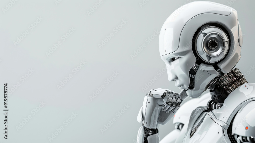 A white humanoid robot in profile view, showcasing advanced AI technology and a contemplative expression. A white humanoid robot in profile view, showcasing advanced AI technology and a contemplative expression.
