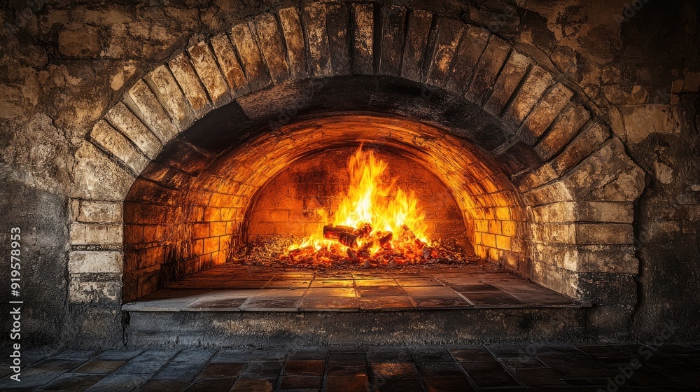 A large brick oven glowing with hot embers, creating a warm and rustic atmosphere, ideal for cozy kitchen or baking themes. A large brick oven glowing with hot embers, creating a warm and rustic atmosphere, ideal for cozy kitchen or baking themes.