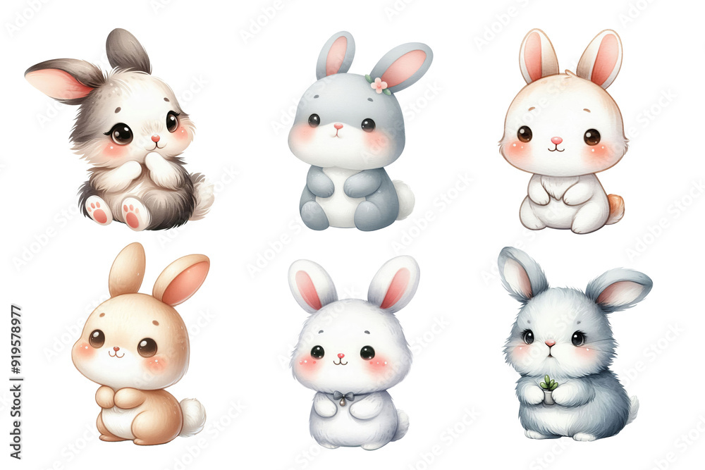 Set cute Rabbit, hand-drawn watercolor style clipart, isolated illustration, on a transparent background, for children's illustration and decorate design. Generative Ai Set cute Rabbit, hand-drawn watercolor style clipart, isolated illustration, on a transparent background, for children's illustration and decorate design. Generative Ai
