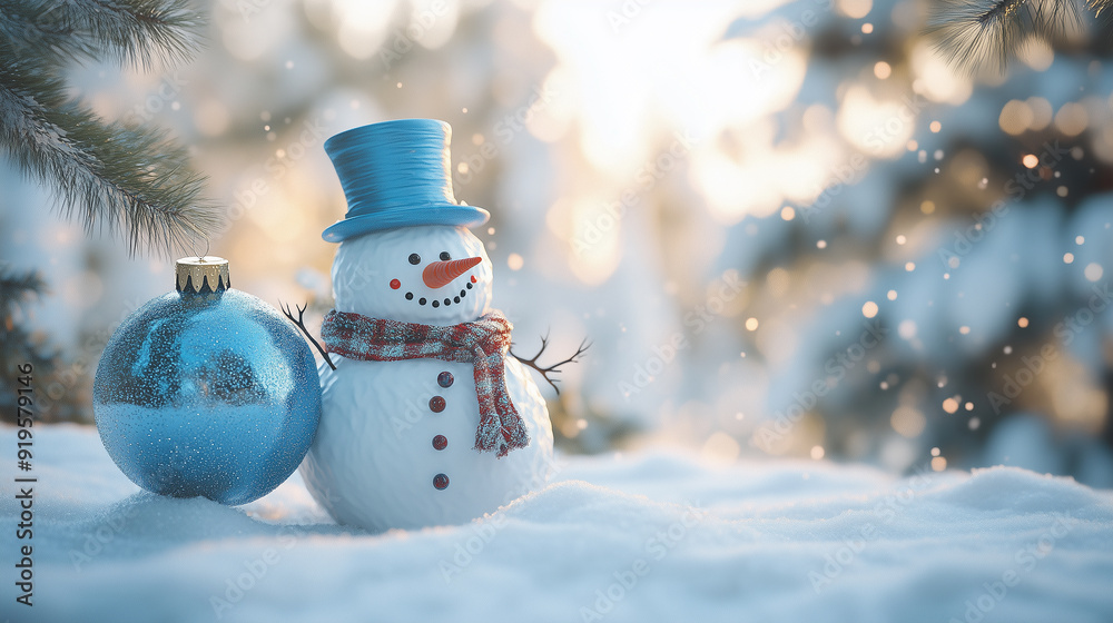 Obraz premium Adorable Snowman and Blue Christmas Bauble Nestled Among Snowy Pine Branches