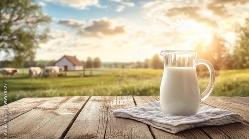 A milk jug and glass filled with fresh milk on a rustic wooden table, with a picturesque cow farm in the background. photo