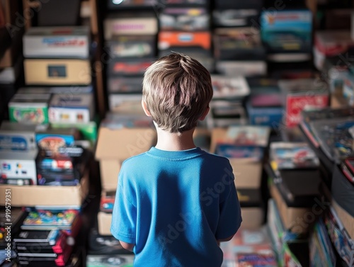 Boy organizing his video game collection, child, chores, organization photo
