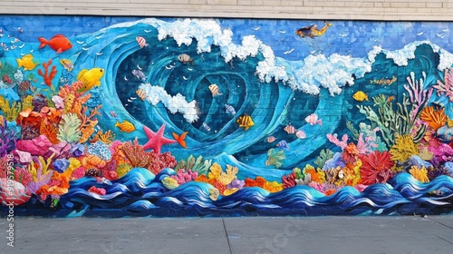 Street art mural of ocean conservation, waves and marine life, bold and eye-catching, vibrant colors photo