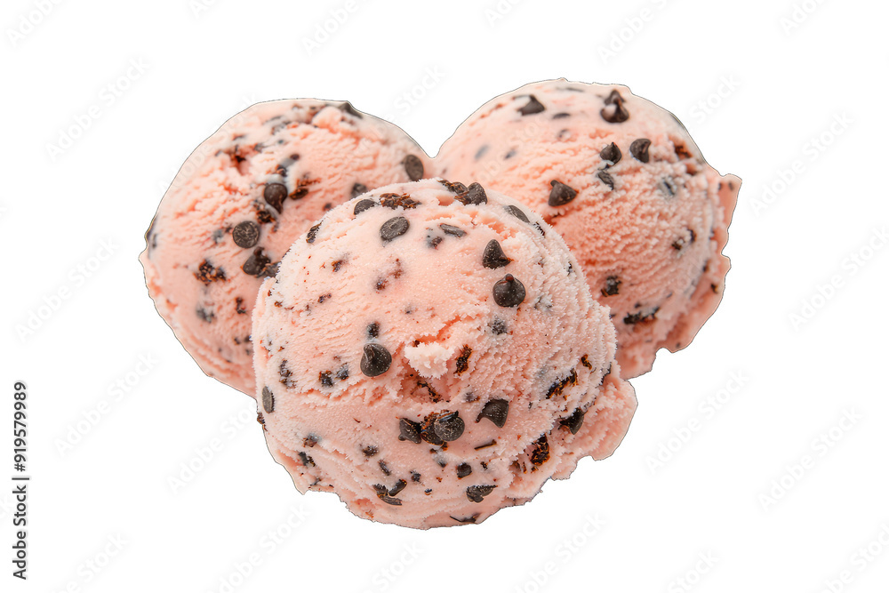 Delicious chocolate chip ice cream scoops arranged on a white background, perfect for dessert lovers and food enthusiasts. Delicious chocolate chip ice cream scoops arranged on a white background, perfect for dessert lovers and food enthusiasts.