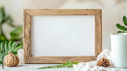 A rustic wooden frame crafted from reclaimed wood, surrounded by natural textures, embodying eco-friendly aesthetics and sustainable living