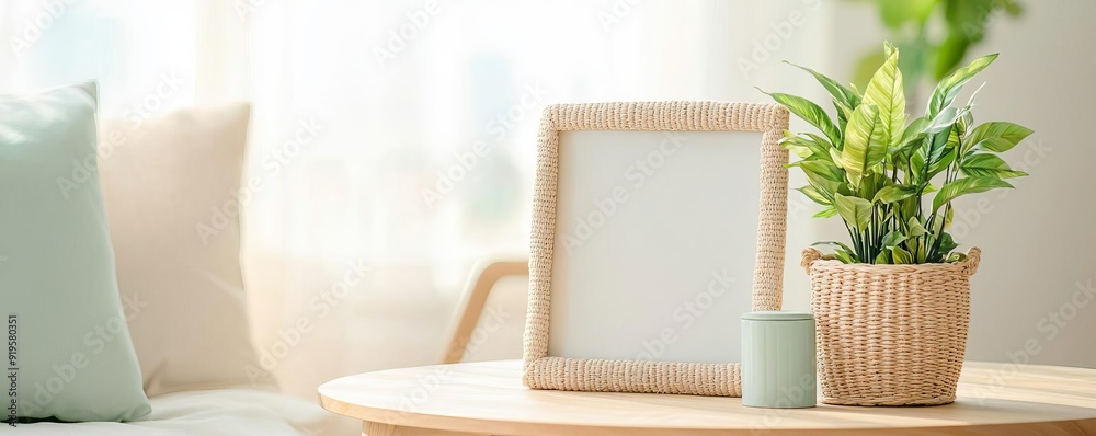 A soft, woven frame made from recycled fabrics, displayed on a natural wooden table, embodying eco-friendly and artisanal home decor A soft, woven frame made from recycled fabrics, displayed on a natural wooden table, embodying eco-friendly and artisanal home decor