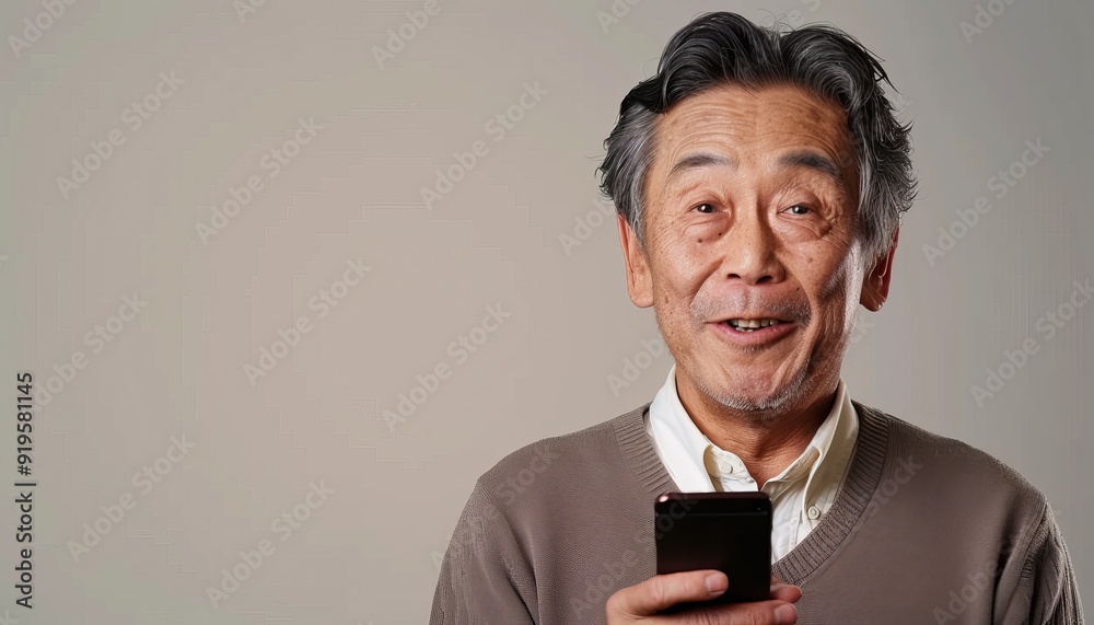smiling senior Asian man 70 years old with smartphone in hands on beige background with copy space, using technology smiling senior Asian man 70 years old with smartphone in hands on beige background with copy space, using technology