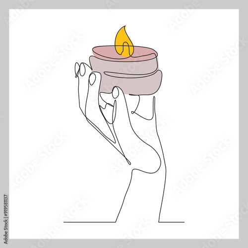 Continuous single line sketch drawing of hand holding aromatic therapy romantic burning candle light in glass jar. One line art of people carrying beautiful spa candle relaxation vector illustration