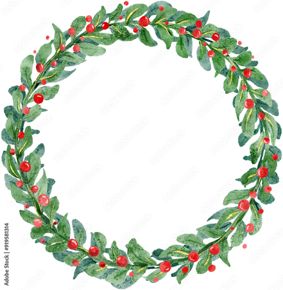 Christmas Wreath and Red Holly Berry Watercolor Christmas Wreath and Red Holly Berry Watercolor