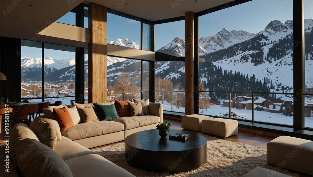Fototapeta premium The living room is designed in a contemporary style with large windows offering panoramic views of snowy mountains