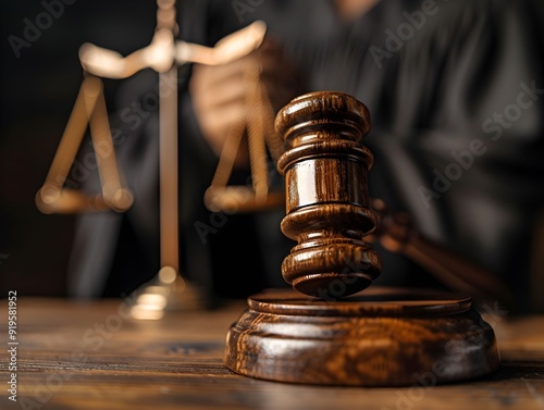 A judge striking a gavel in court with scales of justice visible in the background during a legal session