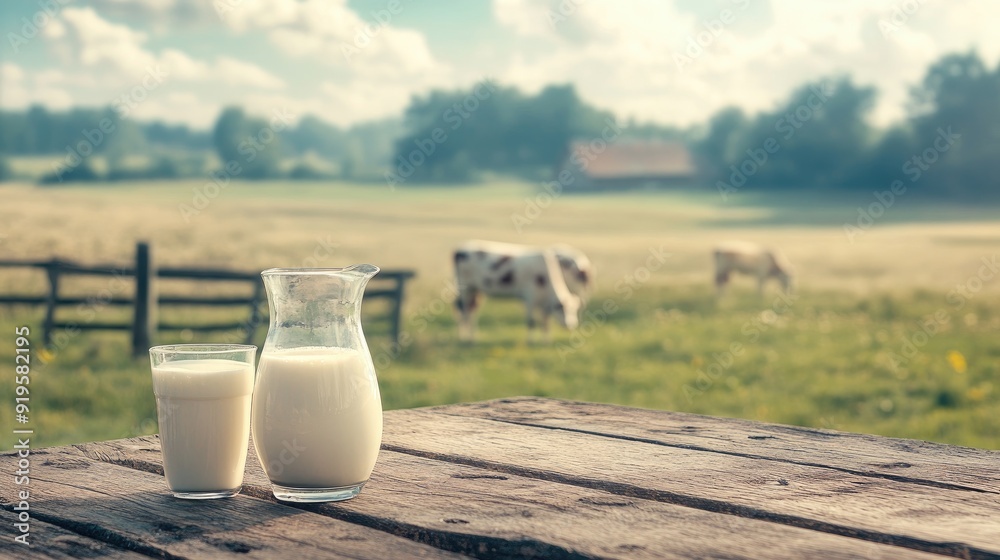 A tranquil cow farm in the background with a milk jug and glass on a rustic wooden table in the foreground, perfect for dairy-themed visuals. A tranquil cow farm in the background with a milk jug and glass on a rustic wooden table in the foreground, perfect for dairy-themed visuals.