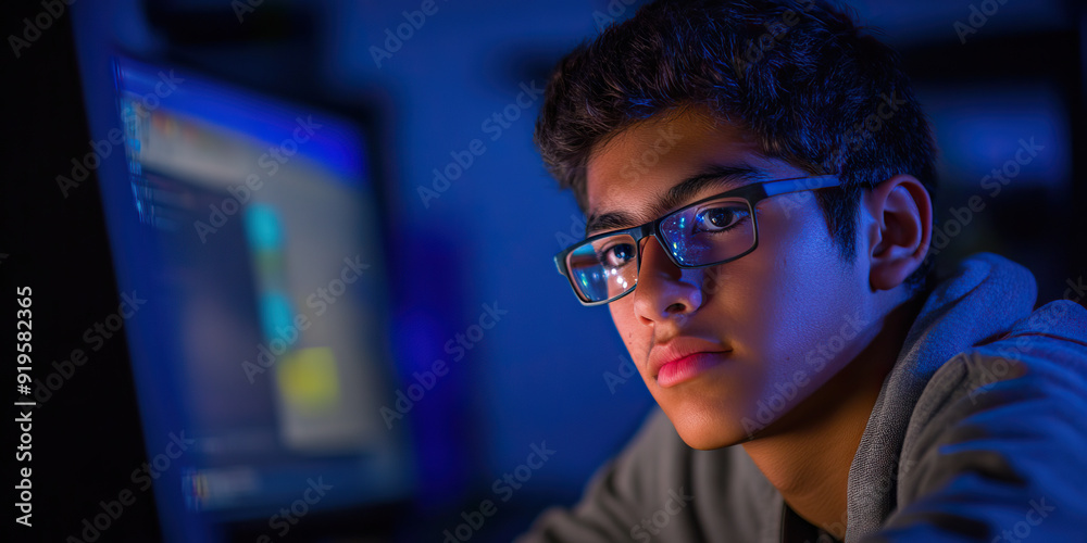 Hispanic Teenager Focused on Computer Science Classroom Hispanic Teenager Focused on Computer Science Classroom
