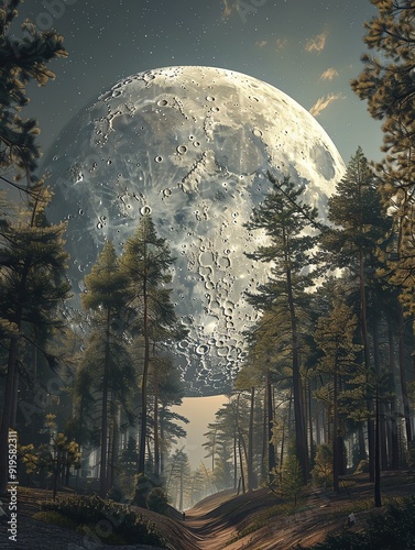 Experience a surreal forest where the moon is gigantic and hangs low among the trees, hyper   realistic photo