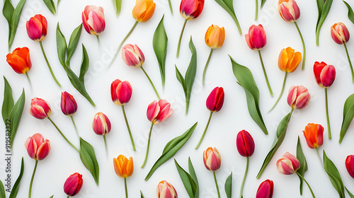  A flat lay of vibrant tulips arranged in a grid pattern