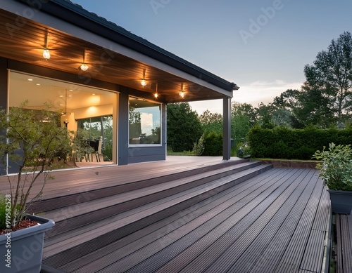sophisticated ash grey composite decking with twolevel design deck lights and landscaped garden ideal outdoor living space photo