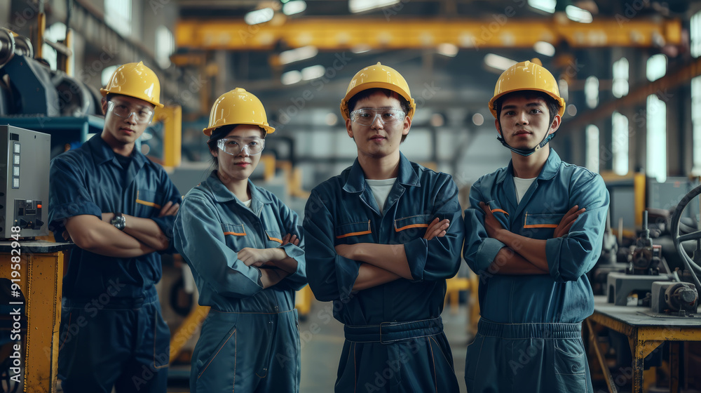 A group of factory workers in uniform, standing in a factory, all smiling.