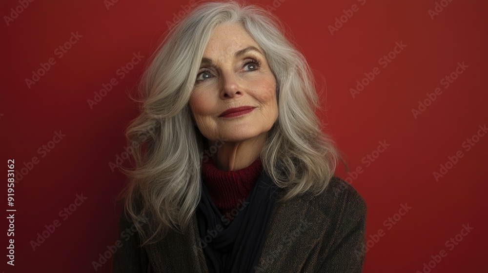 A senior woman looks up with hope and joy on her face, radiating positivity A senior woman looks up with hope and joy on her face, radiating positivity