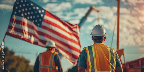 American Flag on a windy day with workers in hard hats and reflective vests, working on a construction site on Labor Day. photo