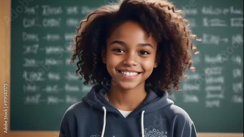 Young girl happy to be back to school in front of chalkboard education looping video