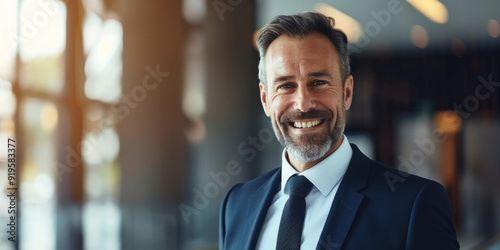 Mature professional in a suit and tie, grinning widely while.