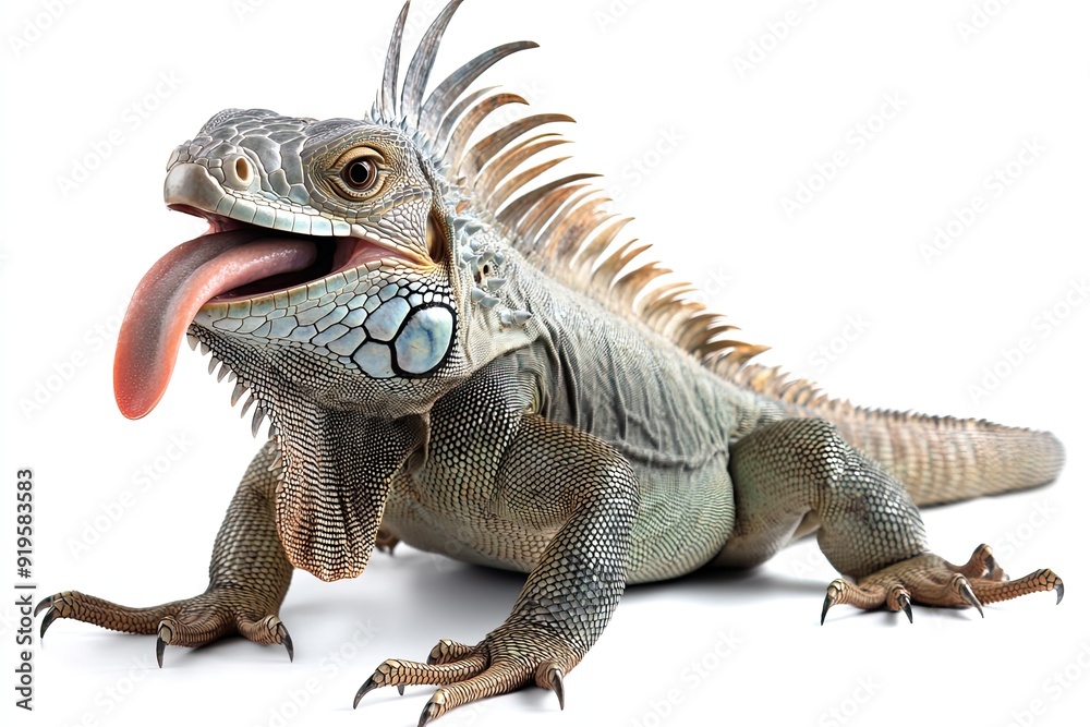 Fototapeta premium Iguana sitting and flicking tongue isolated on a white background