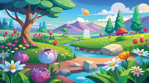 Illustration of a flower meadow in spring. AI digital illustration