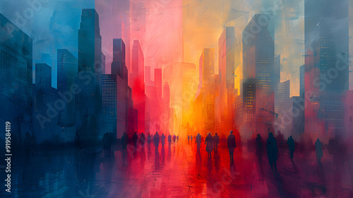 An abstract representation of an urban landscape with sharp, angular forms depicting skyscrapers, and smooth, blurred edges suggesting the flow of traffic and people 