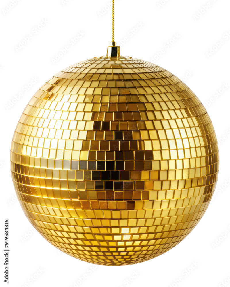 Fototapeta premium Golden reflective disco ball hanging from a string, showcasing a mosaic of mirrored tiles. Perfect for party and glamorous event designs. Isolated on transparent background, png.