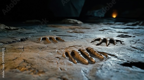 Fossilized footprints showing bipedal movement. photo