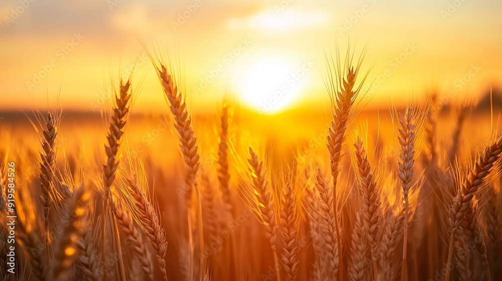 Golden wheat field in sunset light with vibrant colors and clear sky Golden wheat field in sunset light with vibrant colors and clear sky