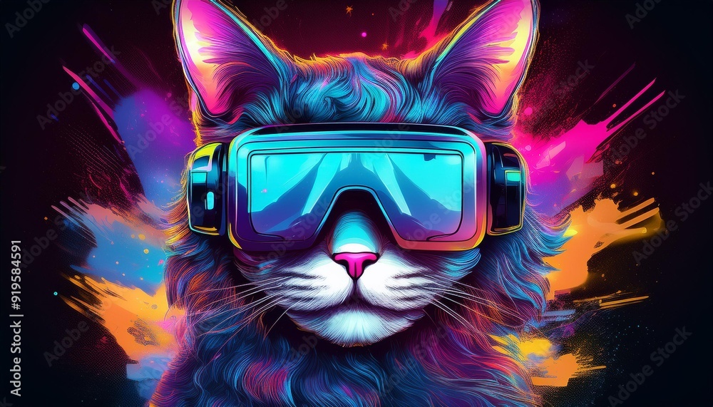surreal feline cyborg neon vr headset psychedelic dreamscape background vibrant color splashes dark void contrast futuristic digital art style surreal feline cyborg neon vr headset psychedelic dreamscape background vibrant color splashes dark void contrast futuristic digital art style