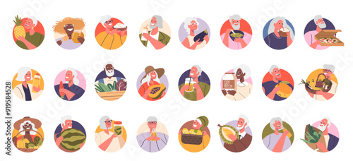 Isolated Vector Round Icons Or Avatars With Cartoon Senior Characters Enjoying A Variety Of Healthy Foods And Drinks