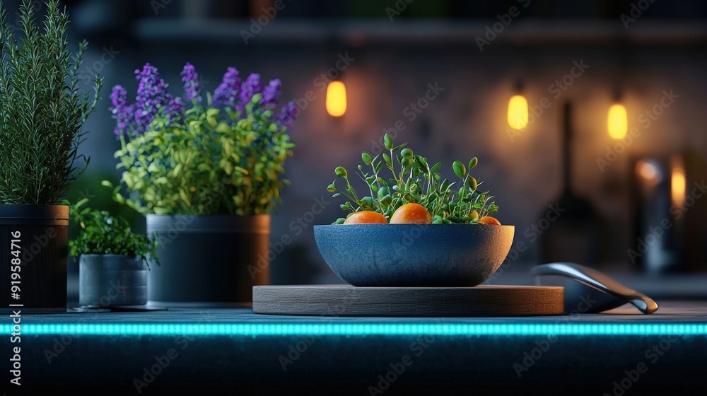 A beautifully arranged bowl of fresh herbs and oranges on a kitchen counter with warm lighting and vibrant plants. A beautifully arranged bowl of fresh herbs and oranges on a kitchen counter with warm lighting and vibrant plants.