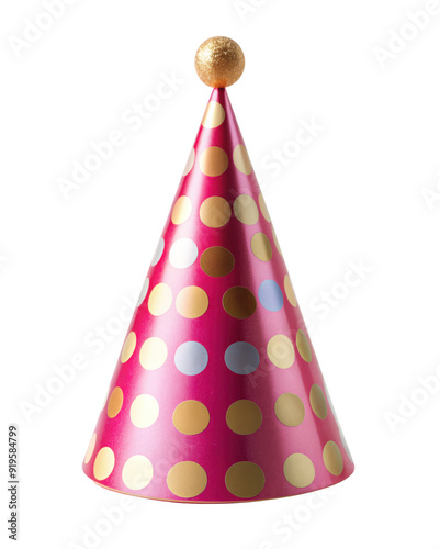 Vibrant red party hat featuring gold and white polka dots, topped with a golden glitter ball. Ideal for festive celebrations and parties. Isolated on transparent background, png.