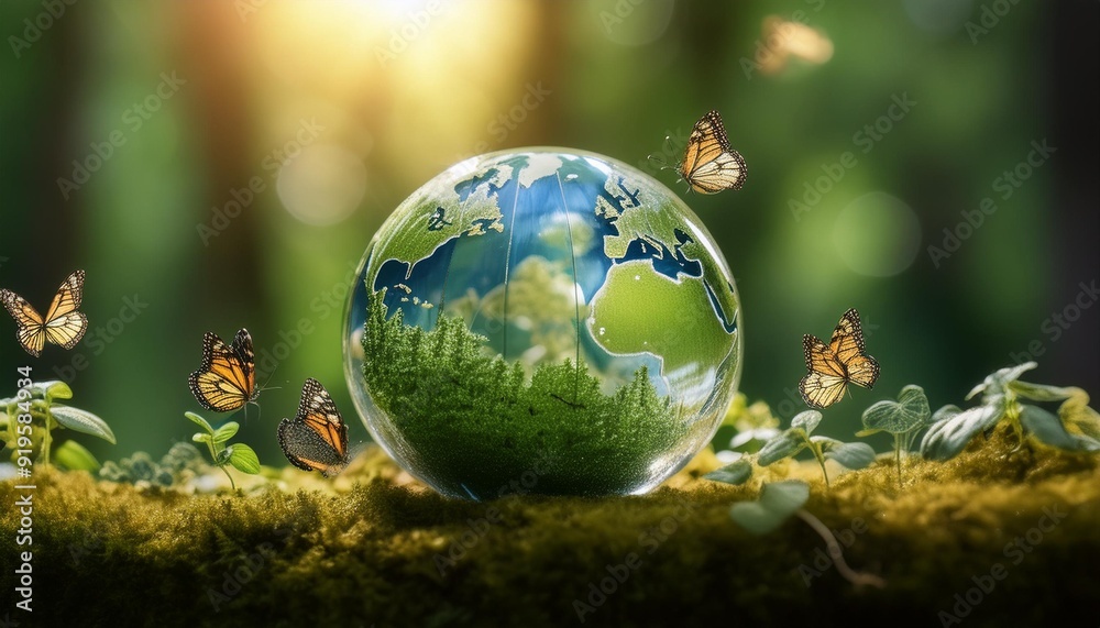 sustainable synergy glass globe cradling a vibrant ecosystem renewable energy sources in miniature butterflies symbolizing transformation ethereal glow sustainable synergy glass globe cradling a vibrant ecosystem renewable energy sources in miniature butterflies symbolizing transformation ethereal glow