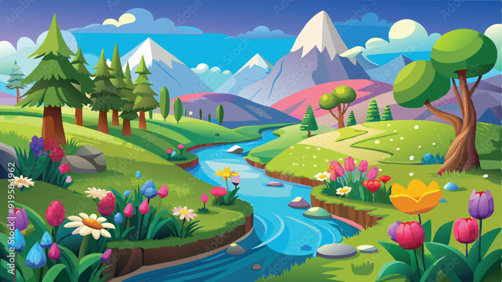 Fototapeta premium Illustration of a flower meadow in spring. AI digital illustration