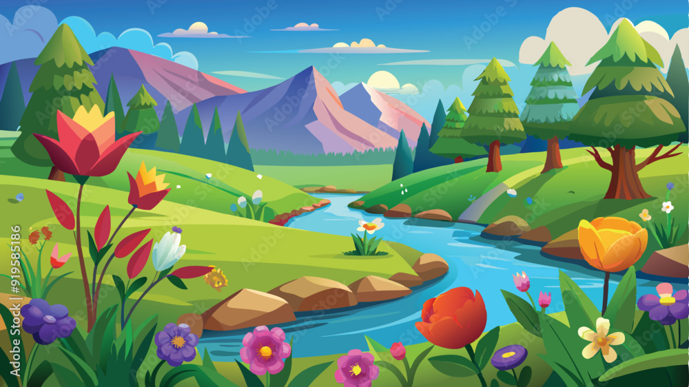 Naklejka premium Illustration of a flower meadow in spring. AI digital illustration