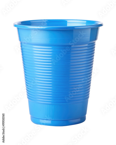 Blue plastic cup with a ribbed design, suitable for serving drinks at parties and gatherings. Isolated on transparent background, png.